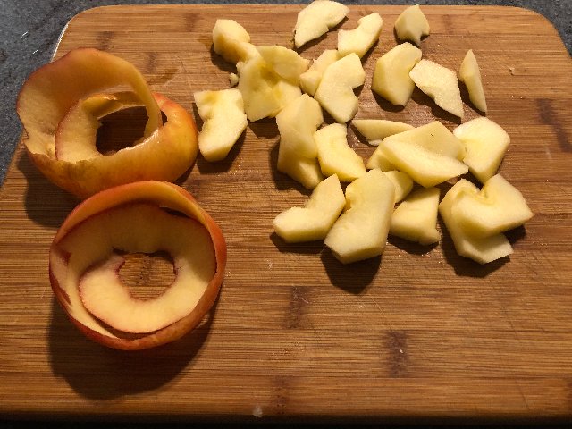 Peal and slice two apples. 