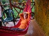Fulya enjoying the hammock in our cabin&rsquo;s porch