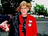 The artist Dan Field wearing an Alcombright button.
