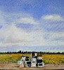 A detail of a painting "Microwaves" by the 79 year old artist Mary Aro represents an odd approach to the Maine landscape on a less than scenic road.