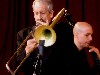Trombone player John Mosca, the leader of the orchestra, with Phil Palombi on bass.