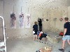 Installing D. Fleiss&rsquo; Prayer Paintings. Photo by Sandie Mendes.