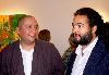 Jeffrey Gibson smiles with art dealer Camillo Alvarez at Samson Projects.