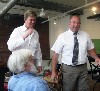 Mayor Dick Alcombright and Joe Thompson of Mass MoCa meet Sidewalk Sam. 