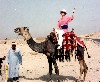 Nancy Graves mounted on a camel.