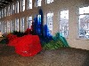 Color sprayed onto walls and windows.