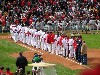 The Sox and Yankees lined up in the infield.
