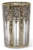 Josef Hoffmann, A beaker shaped vase, designed by Josef Hoffmann, 1910/11 for J. & L. Lobmeyr, Vienna, colorless glass decorated with gold framed bronzite ornament against a matted ground, height 10.2 cm