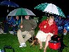 Under umbrellas.