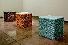 Cubes made of compressed common pins, tooth picks, and sheets of stacked then broken plate glass.