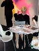A colorful booth.